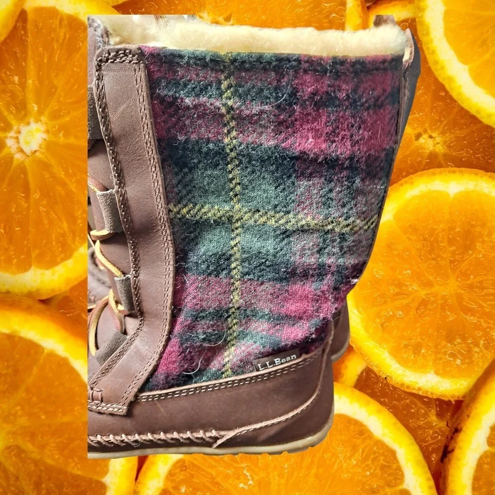 L.L.Bean Shearling Lined Moc Toe Plaid Wool Boots Lace Up‎ Women's 7M